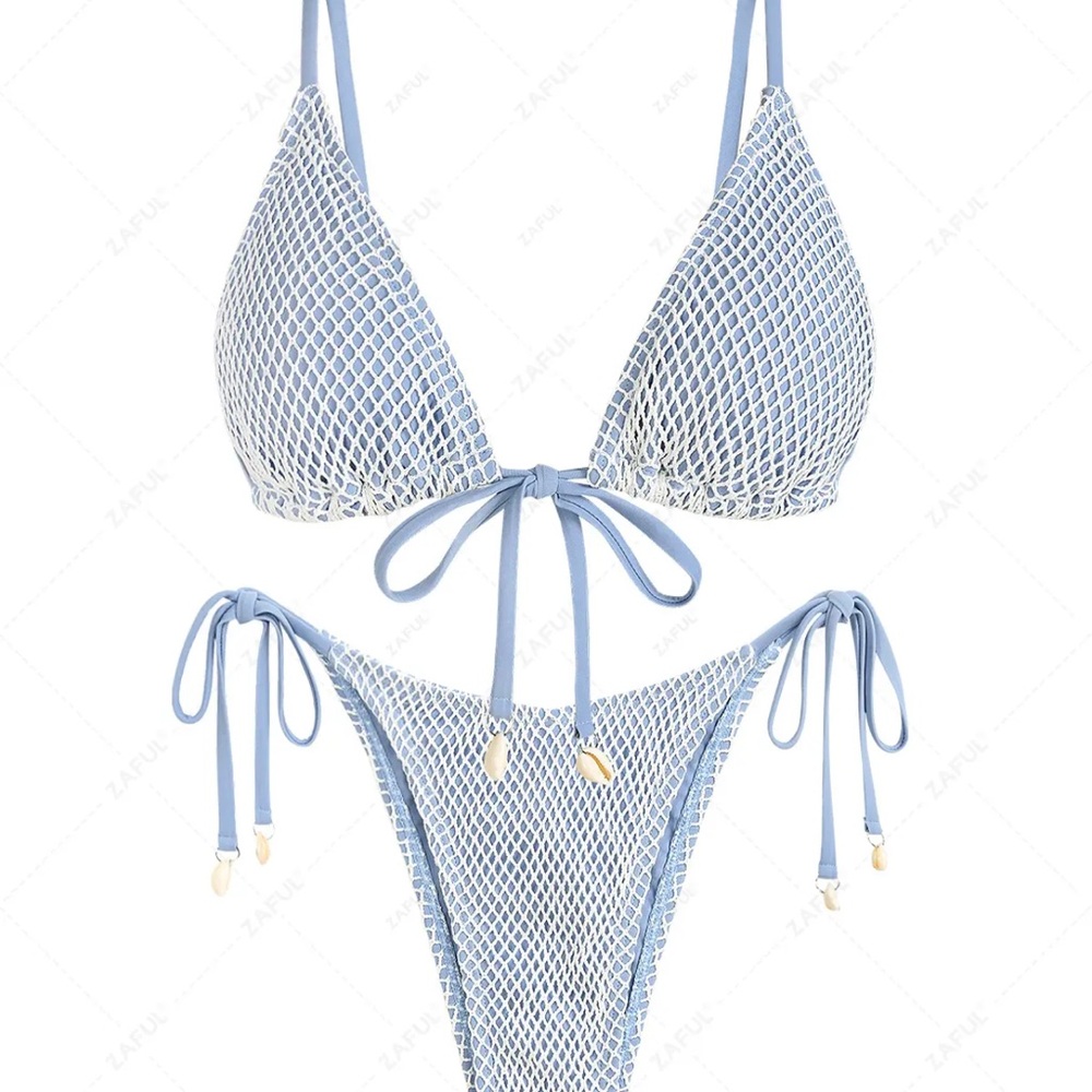 Blue and White Mesh Bikini Set